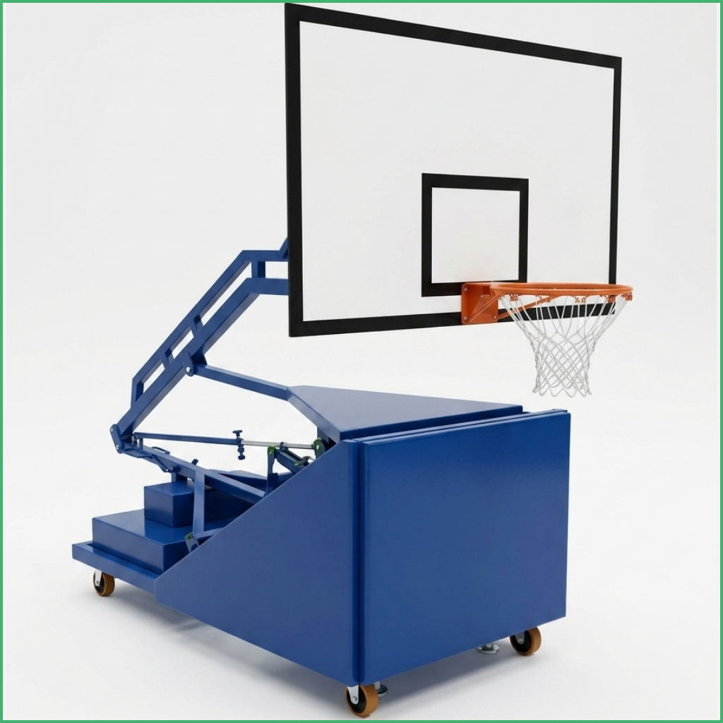 Synsport sports equipment - Basketball Folding Club | Synsport Blue portable basketball shooting machine on a wheeled cart with an extendable arm and rectangular backboard.