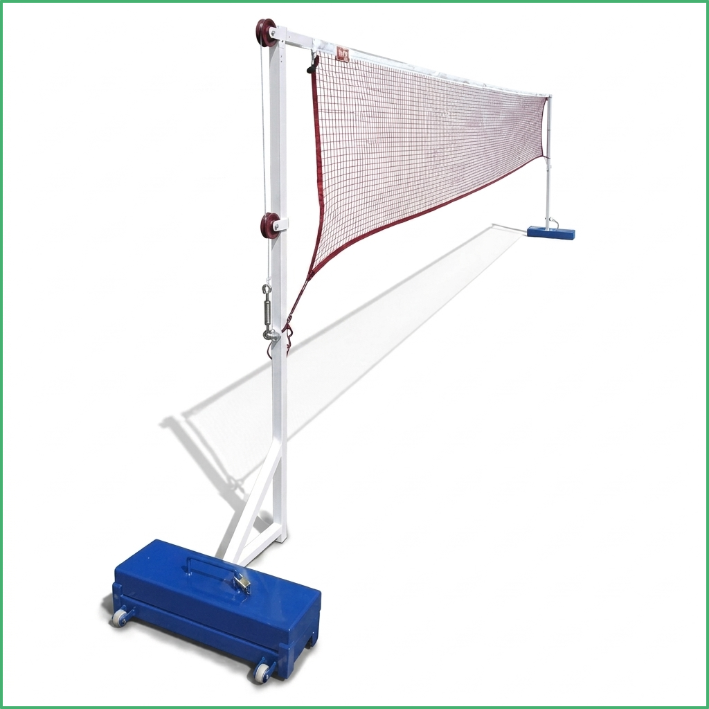 Synsport sports equipment - Freestanding Badminton | Synsport Portable volleyball net system with a tall white frame, red net, and a blue wheeled base for mobility.
