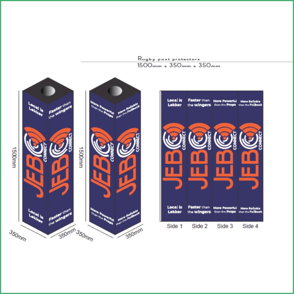 Synsport sports equipment - Rugby Pole Protectors 1 | Synsport Blue JEB rugby post protectors shown in four side views with slogans; dimensions 1500 mm tall and 350 mm wide.