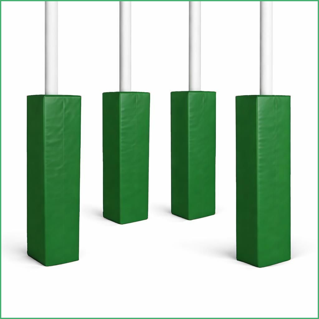 Synsport sports equipment - Rugby Pole Protectors 3 | Synsport Four green padded posts with white vertical poles extending upward, arranged in a row on a white background (safety padding).