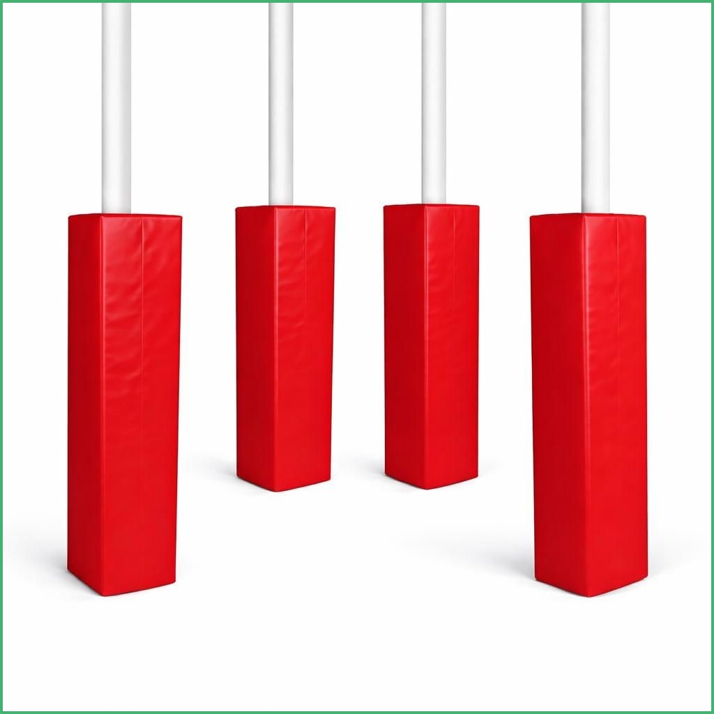 Synsport sports equipment - Rugby Pole Protectors 4 | Synsport Four red rectangular padding posts with white poles extending upward, arranged in a row on a white background.