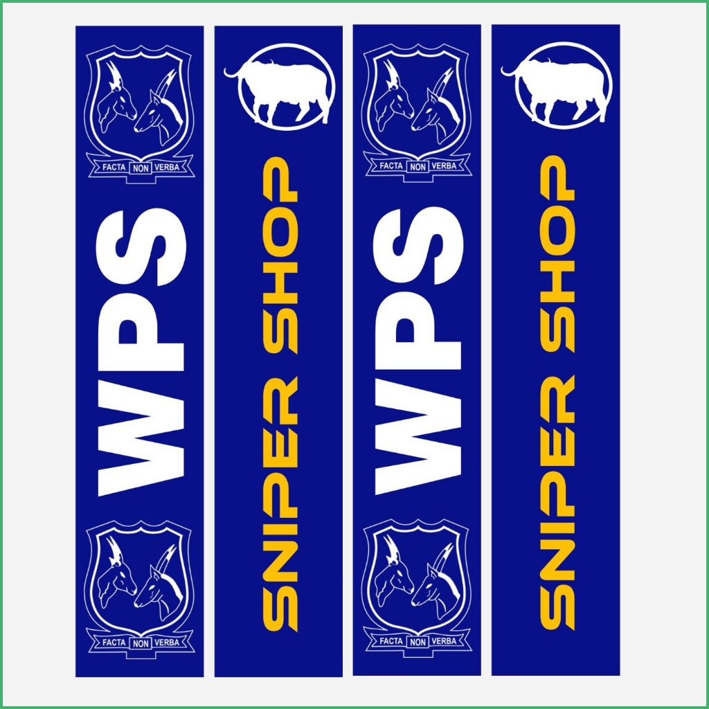 Synsport sports equipment - Rugby Pole Protectors | Synsport Four vertical blue banners featuring a white crest with the motto 'Facta Non Verba'; two banners display large white 'WPS' text, and the other two show vertical yellow text reading 'SNIPER SHOP'