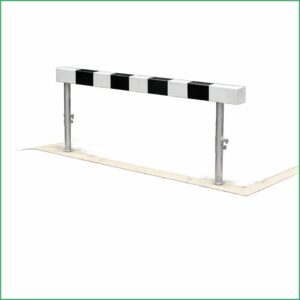 Barrier gate with a black-and-white striped arm on metal posts used to block vehicle access at entry points.