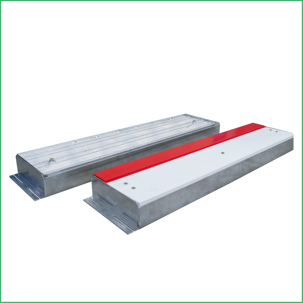 Synsport sports equipment - Take off board tray lid | Synsport Two long metal loading ramps with raised lips, one featuring a red safety stripe, designed for dock access or pallet loading.