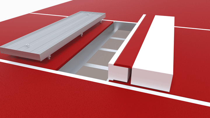 Take off board tray and lid GIF Image | Synsport 3D illustration of a metal linear guide rail and carriage in a cutaway view, showing sliding components on a red background