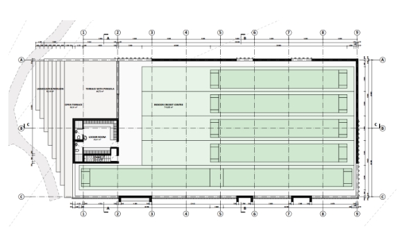Cricket Facility Schematics | Synsport Architectural floor plan of a rectangular building; large central hall with six long green bays in parallel rows, left stair/elevator core and entry.