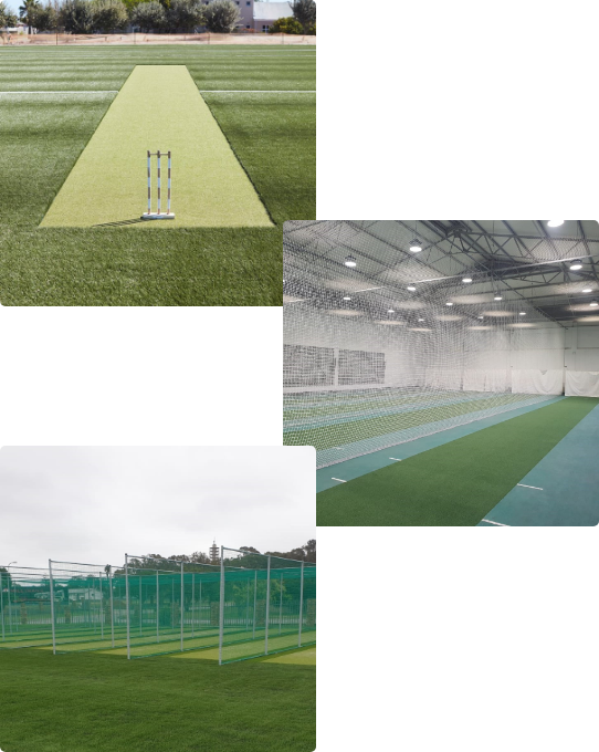 Synthetic Cricket Facilities-img3 | Synsport Collage of cricket training facilities: a narrow outdoor turf pitch with stumps at one end, an indoor netted practice area with artificial turf, and an fenced outdoor practice area.