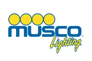 Musco Lighting | Synsport Musco Lighting logo featuring four yellow circles above blue 'MUSCO' text and a yellow-script 'Lighting' wordmark.