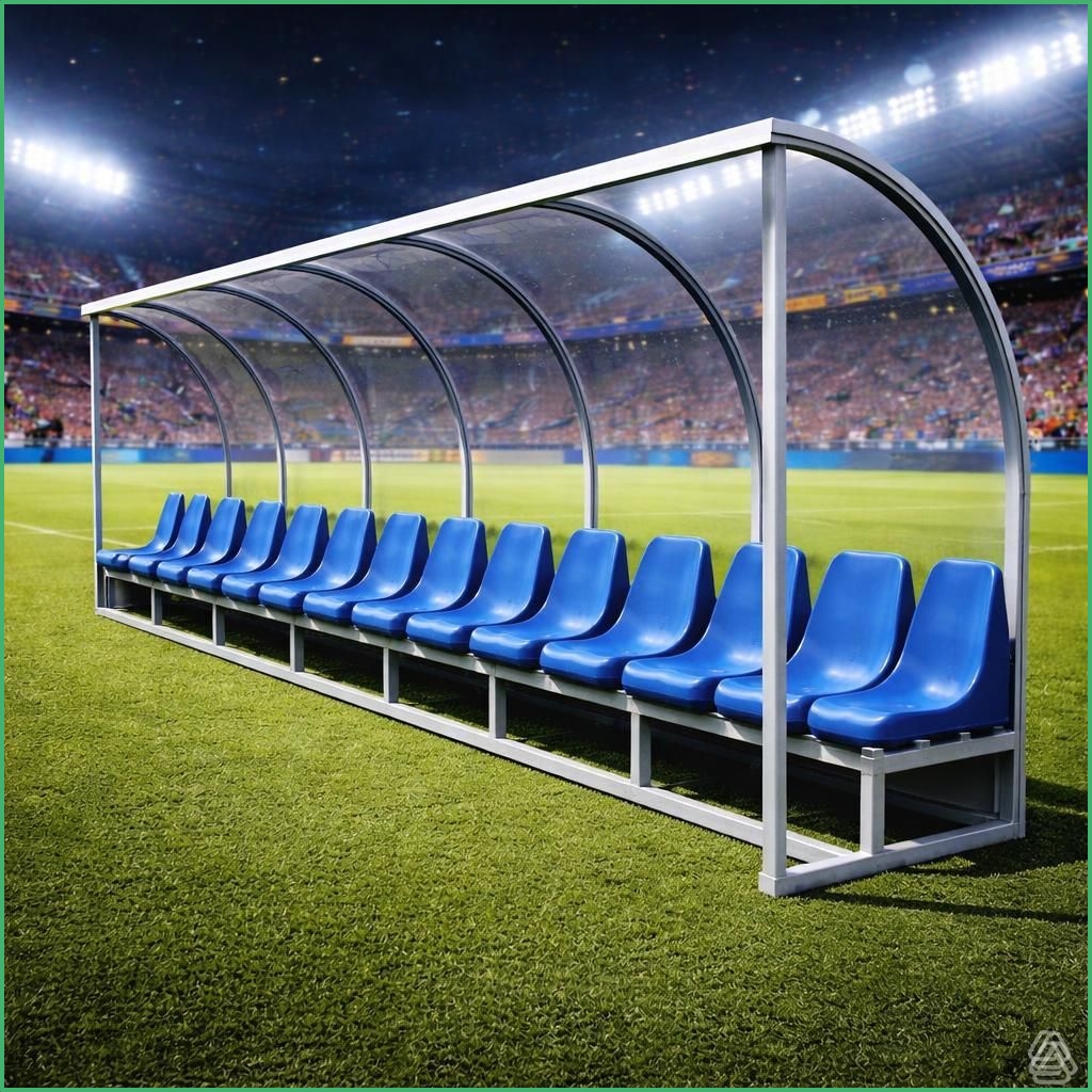 Synsport sports equipment - Bus-shelter 12 seater | Synsport Row of blue seats inside a curved transparent dugout on a football (soccer) field, with stadium stands and bright lights in the background.