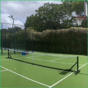 Outdoor tennis court with a net, green surface and surrounding hedges and fencing.