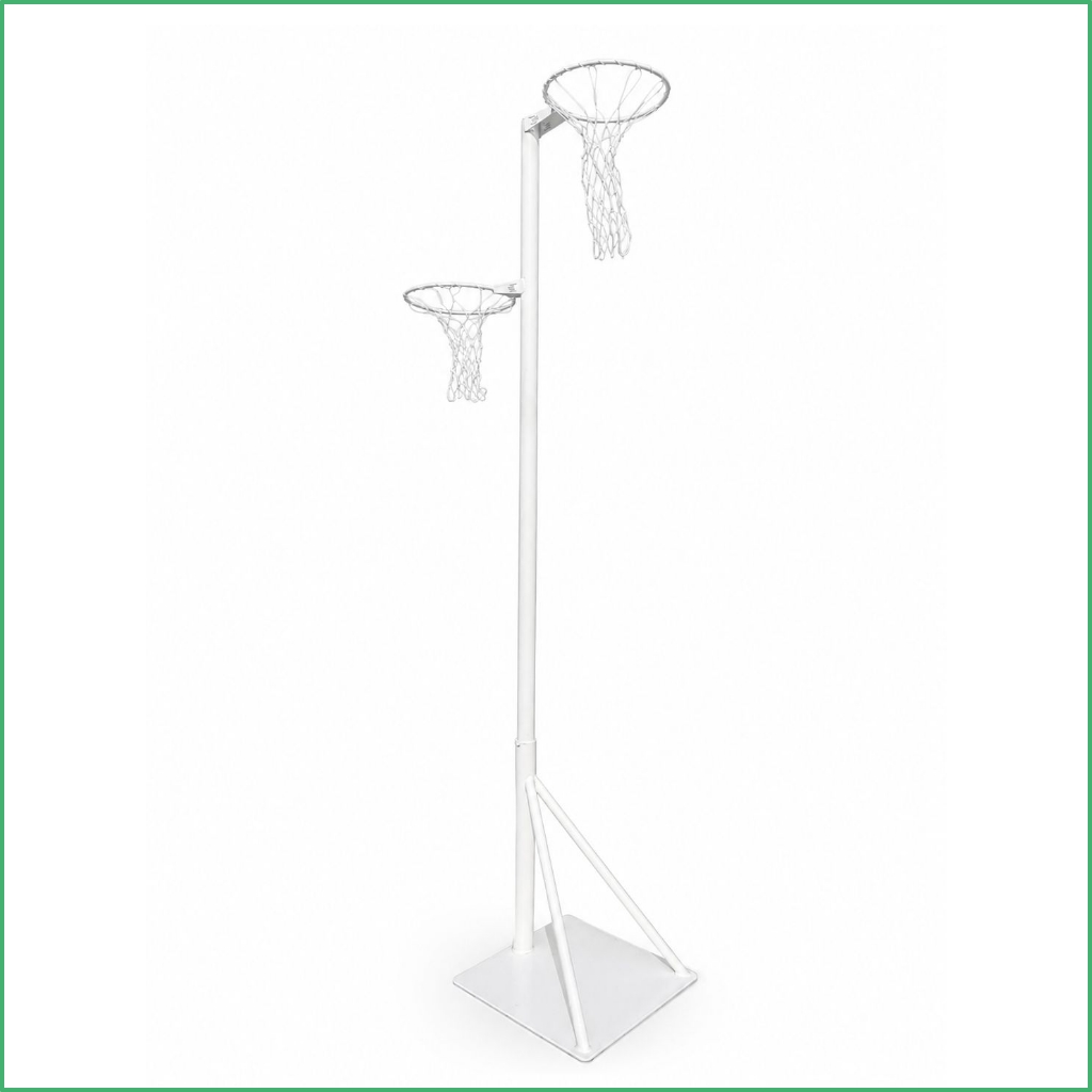 Synsport sports equipment - Netball double height Frestanding 01 | Synsport White portable basketball system with two hoops on a tall pole and a square base, used for basketball practice or games in a driveway or gym.