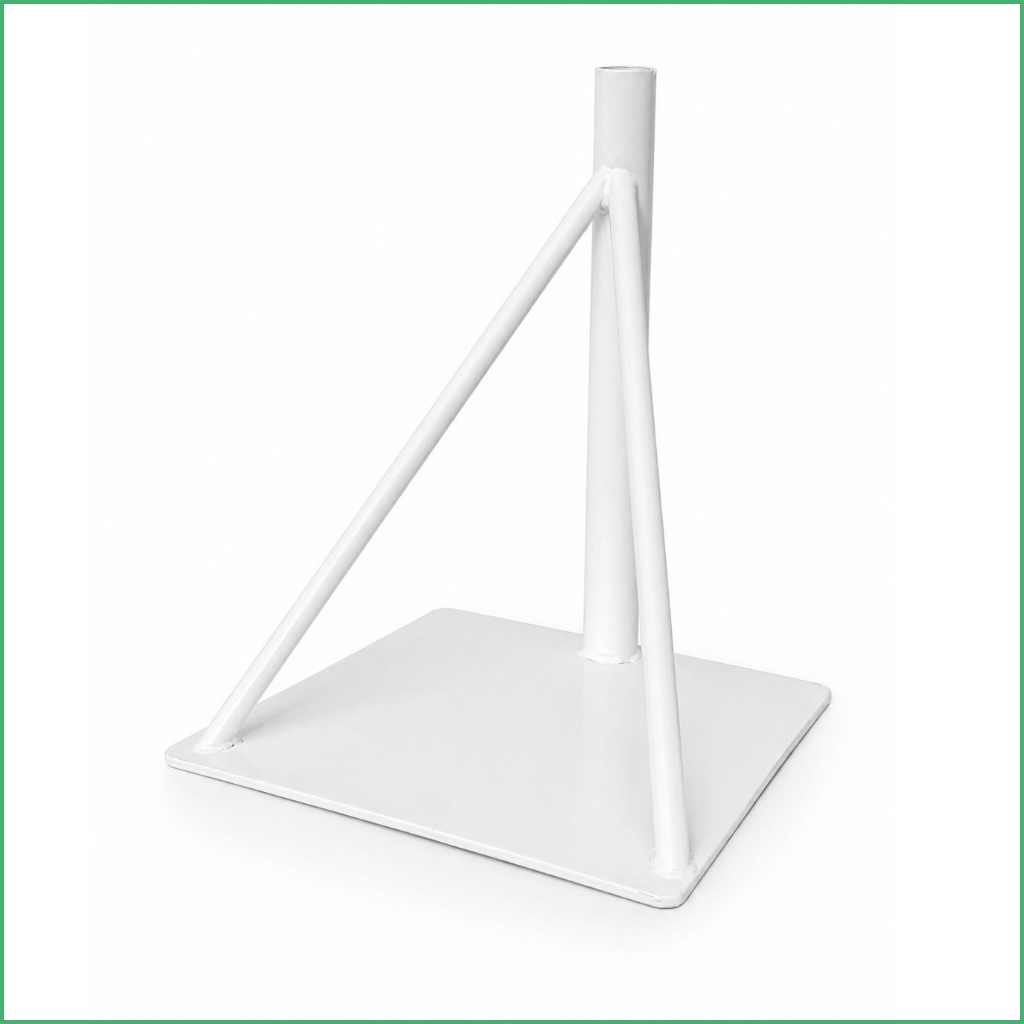 Synsport sports equipment - Netball double height Frestanding 02 | Synsport White metal tripod sign stand with a vertical post and two diagonal braces mounted on a flat rectangular base.