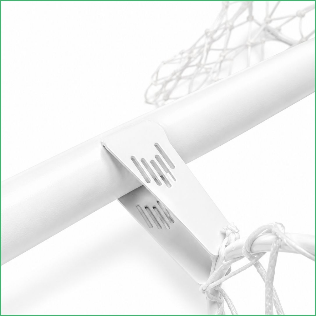 Synsport sports equipment - Netball double height Frestanding 03 | Synsport Close-up of a basketball hoop rim and white net held by a metal bracket, on a white background.