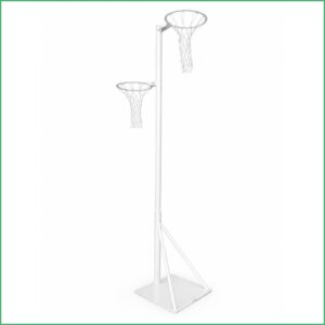 White portable basketball hoop stand with two hoops at different heights on a single pole, mounted on a square base frame.
