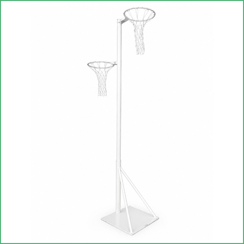 Synsport sports equipment - Netball double height Frestanding 04 | Synsport White portable basketball hoop stand with two hoops at different heights on a single pole, mounted on a square base frame.