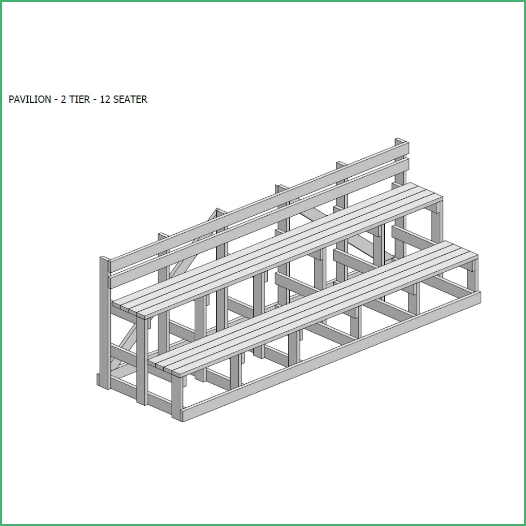 Synsport sports equipment - Recycled plastic seating 1 | Synsport Isometric view of a two-tier wooden pavilion bench frame for 12 seats.