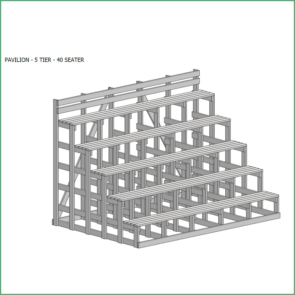 Synsport sports equipment - Recycled plastic seating 4 | Synsport PAVILION - 5 TIER - 40 SEATER: isometric frame of a gray timber pavilion with five seating tiers, open design