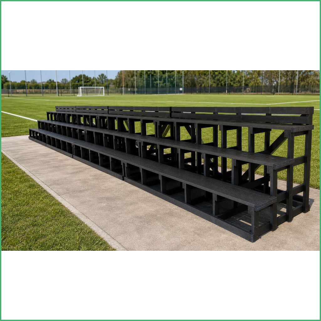 Synsport sports equipment - Recycled plastic seating 5 | Synsport Long black wooden bleachers on a concrete walkway beside a green sports field with a distant goal frame.