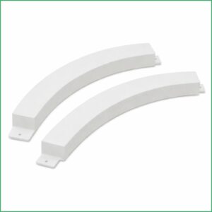 Two white curved cabinet handles with mounting flanges and screw holes at each end