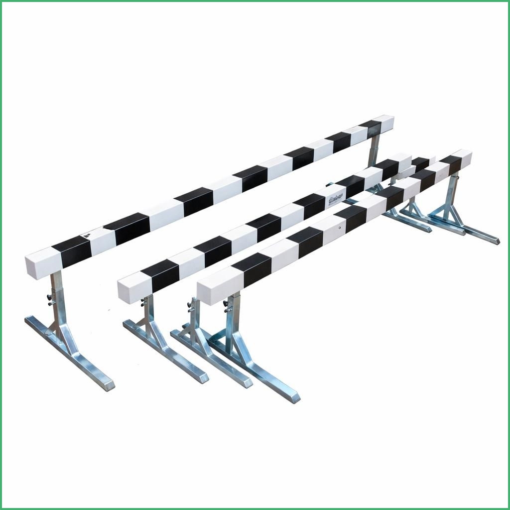 Synsport sports equipment - Steeple Chase Hurdles Set | Synsport Set of three white and black striped athletic hurdles on metal frames, ready for track practice