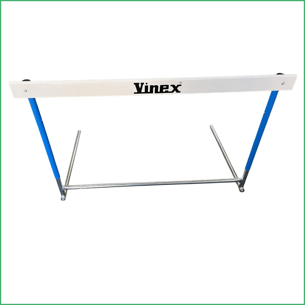 Synsport sports equipment - basic hurdle 2 | Synsport Vinex-branded long white workout bench frame with blue legs and chrome supports, isolated on white background