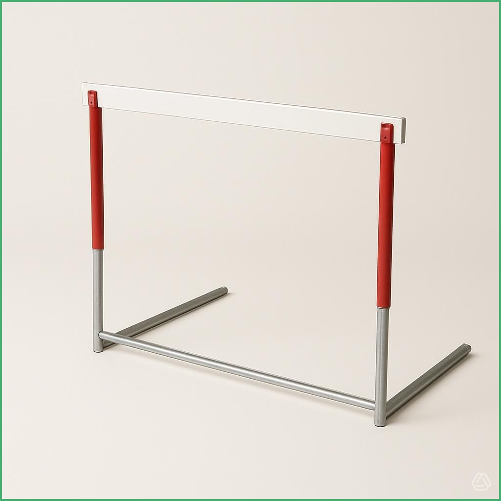 Synsport sports equipment - basic hurdle | Synsport Freestanding gym bar with red vertical posts, white top beam, and silver base against a beige background.
